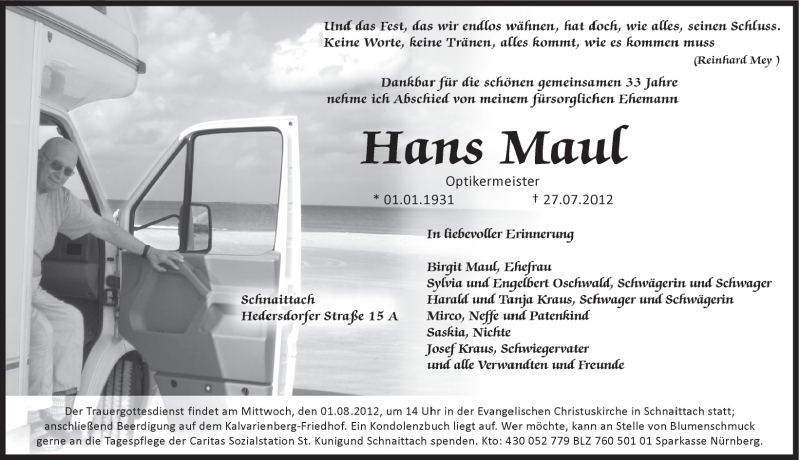  Traueranzeige für Hans Maul vom 30.07.2012 aus Pegnitz-Zeitung